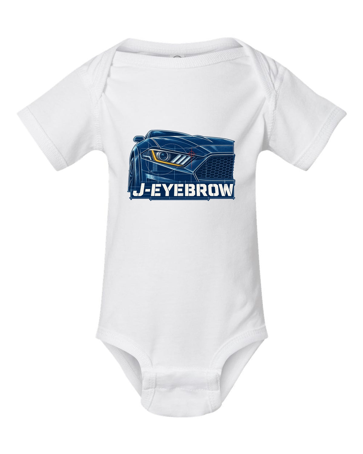 Cyanotype blueprint of a 2015-2023 S550 Ford Mustang fastback with J-Eyebrow label white baby onesie front view with the design
