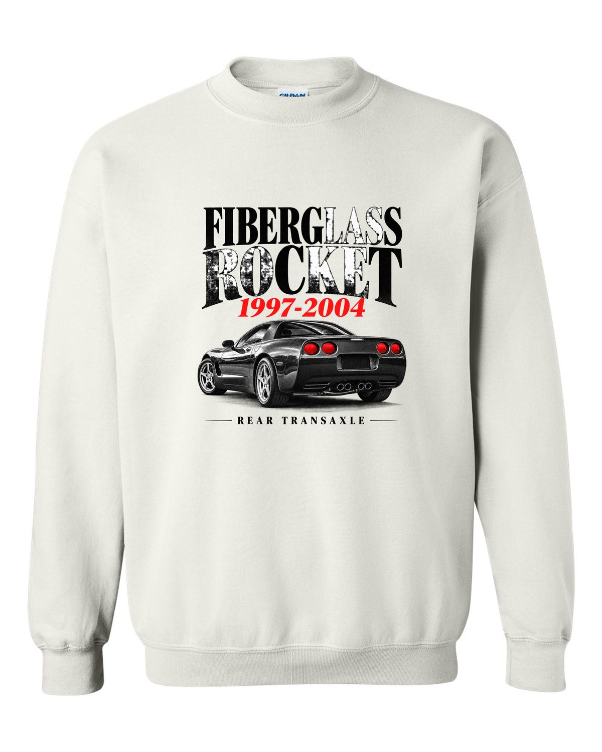 Corvette C5 coupe editorial headline print with rear transaxle text white crewneck front view with the design