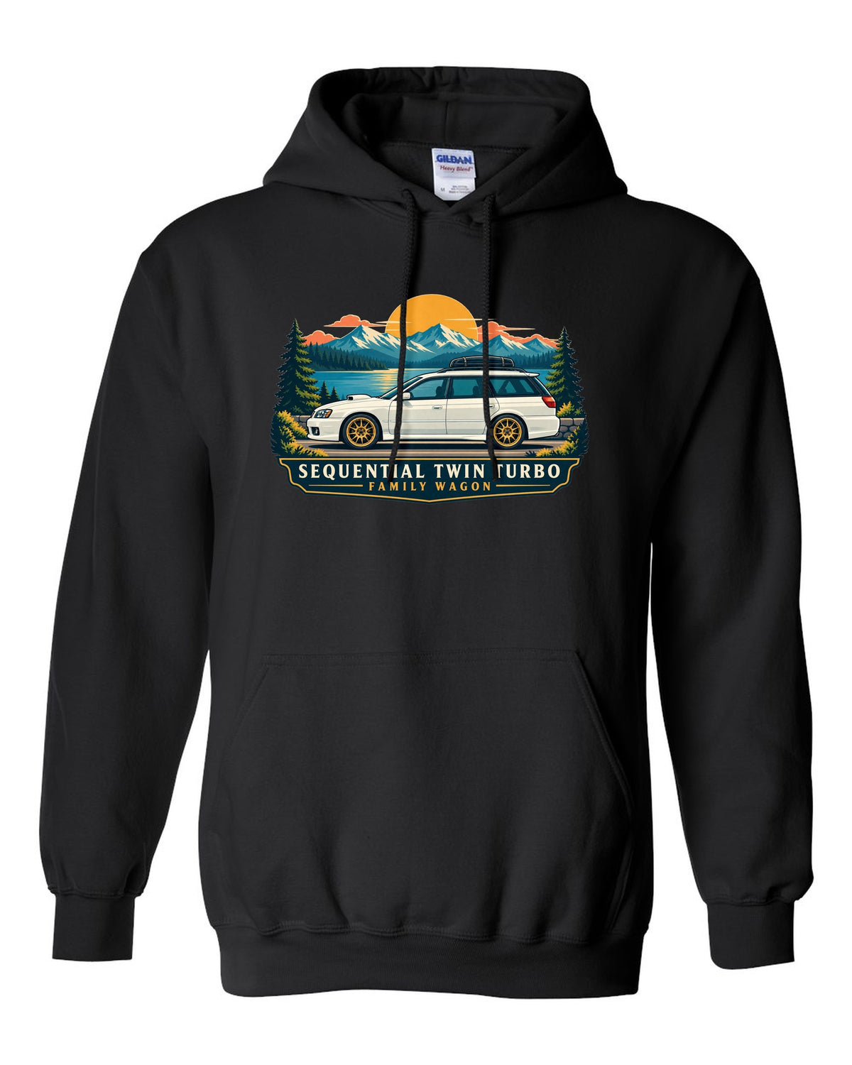 Subaru Legacy BC5 RS as a linocut, 100,000 KM / AT 223 KM/H black pull over hoodie front view with the design