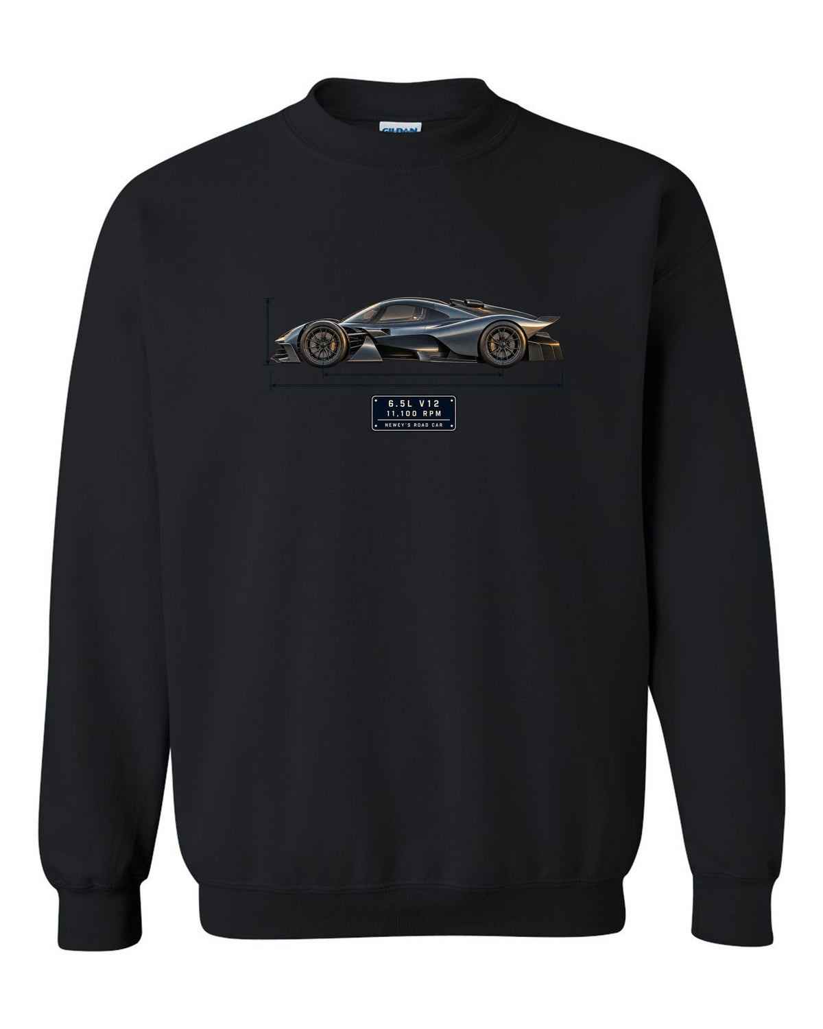 Aston Martin Valkyrie 2021 blueprint print with 6.5L V12 and 11,100 rpm lettering black crewneck front view with the design