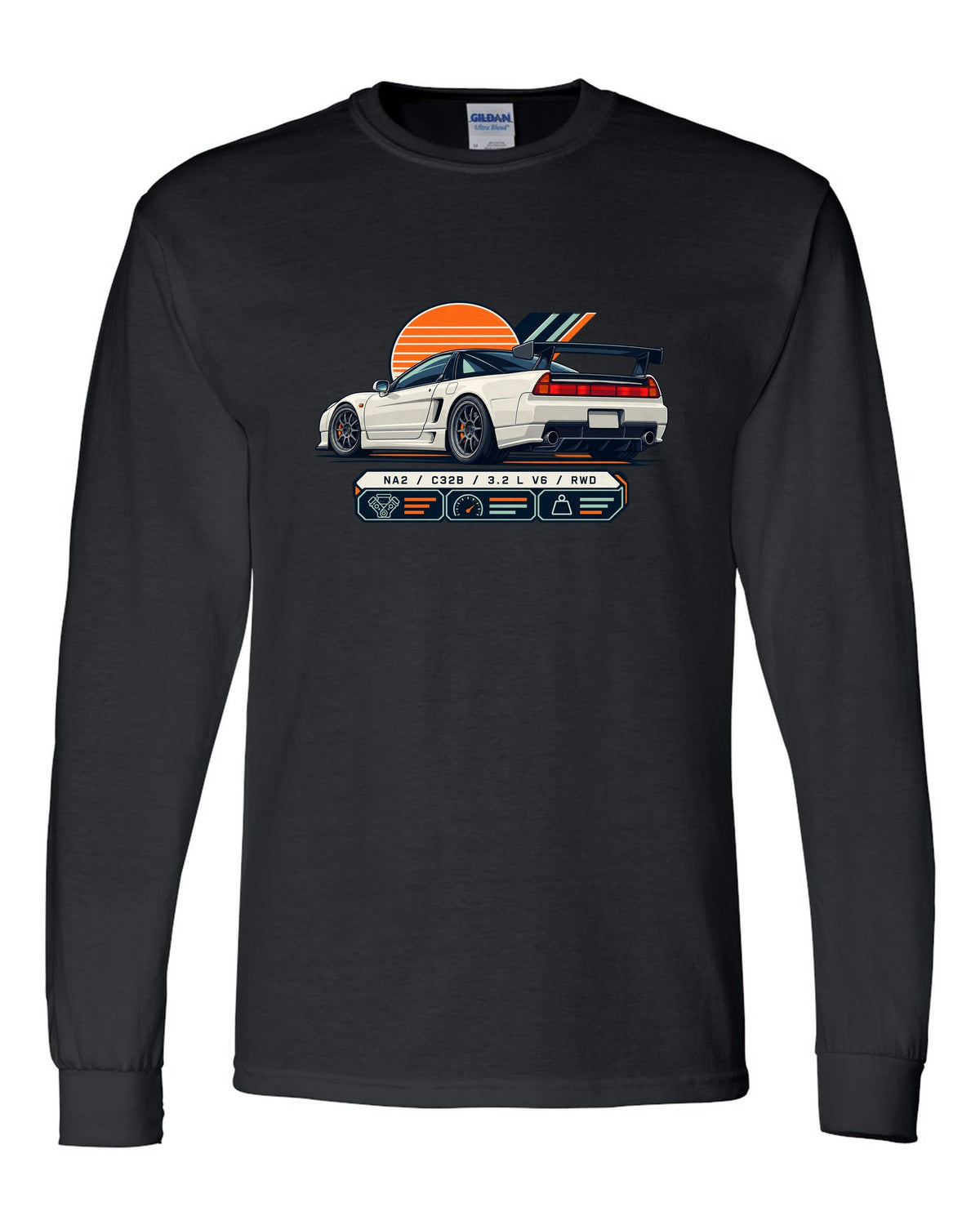 Spec-sheet data plate print of the Honda NSX-R NA2 with NA2 C32B 3.2 L V6 RWD text black long sleeve front view with the design