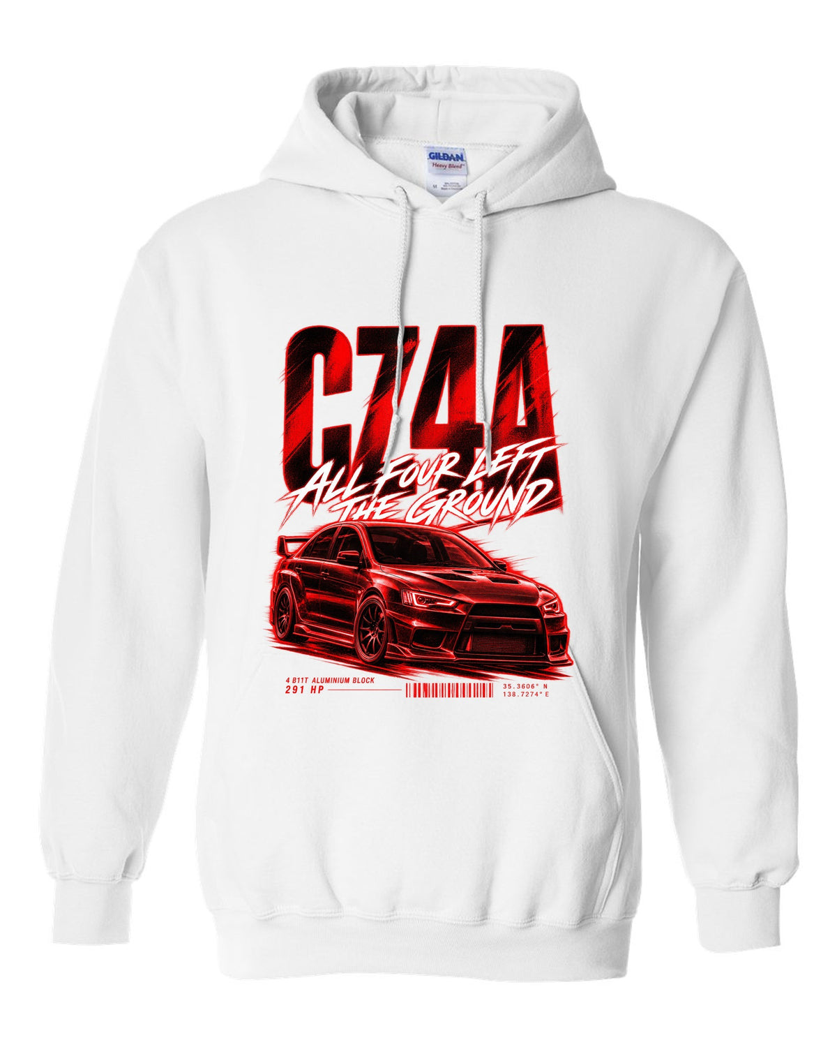 Mitsubishi Lancer Evolution X CZ4A street poster print with 4B11T and 291 HP text white pull over hoodie front view with the design