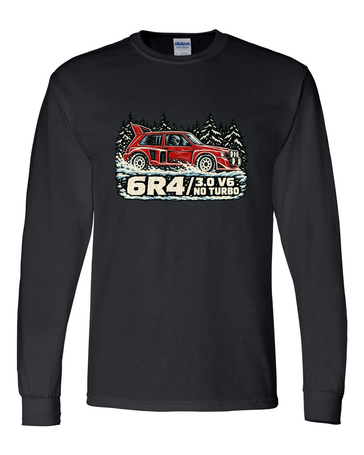 Linocut style print of an MG Metro 6R4 with 3.0 V6 and no turbo lettering black long sleeve front view with the design