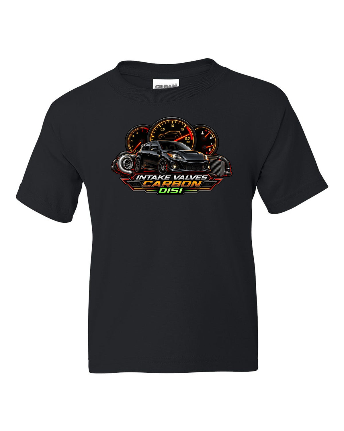 Gauge-cluster HUD design for the Mazdaspeed3 with INTAKE VALVES / CARBON / DISI lettering black kids tee front view with the design