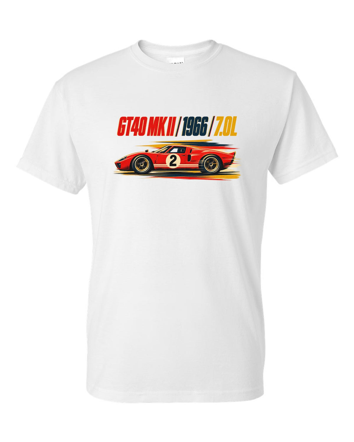 Vintage litho race poster of a 1966 Ford GT40 Mk II with 7.0L lettering white t-shirt front view with the design
