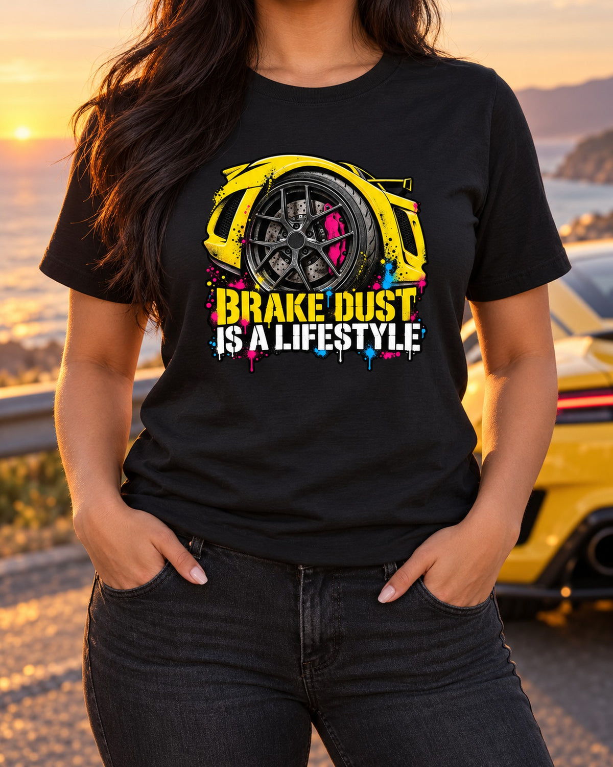 Track Day Exige Stencil Shirt, Lotus Exige Brake Dust Tee T-Shirt Black worn hero
