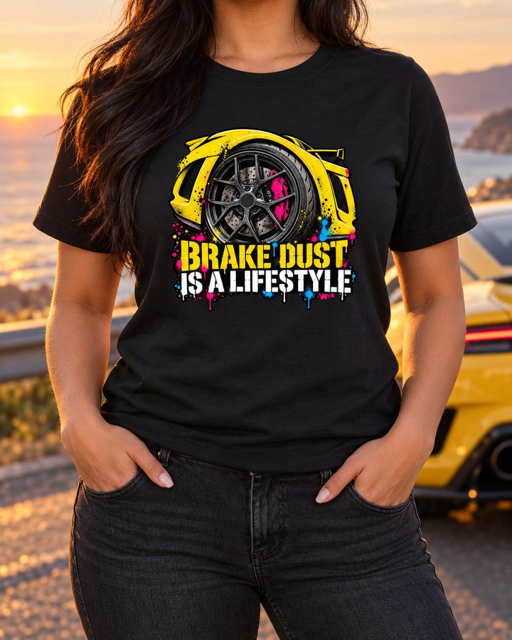 Track Day Exige Stencil Shirt, Lotus Exige Brake Dust Tee T-Shirt Black worn hero