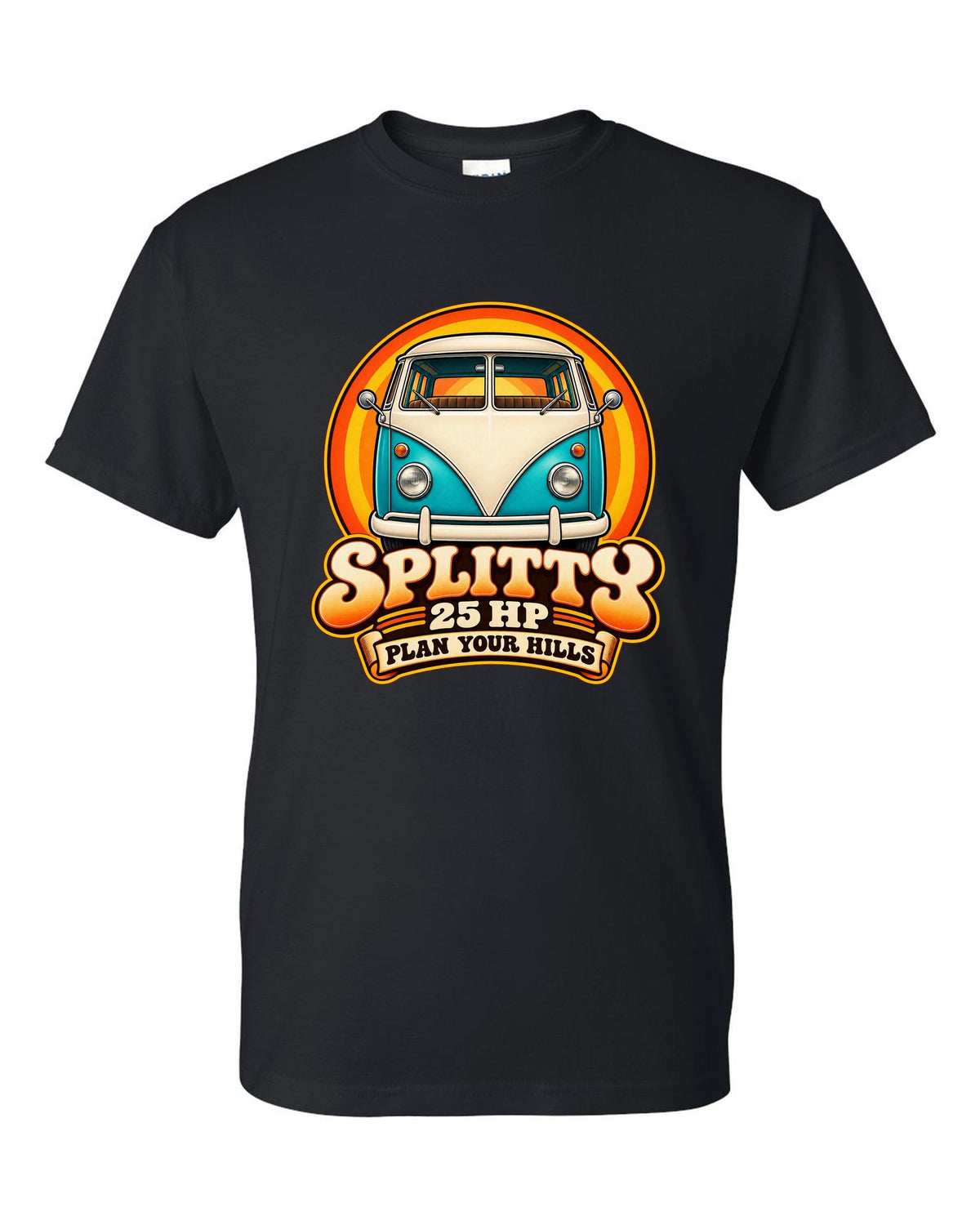 80s airbrush chrome style VW Bus T1 Type 2 Splitty with 25 HP plan your hills text black t-shirt front view with the design