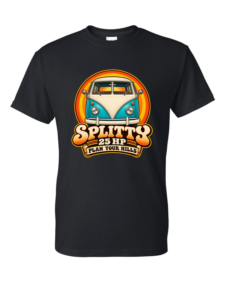 80s airbrush chrome style VW Bus T1 Type 2 Splitty with 25 HP plan your hills text black t-shirt front view with the design