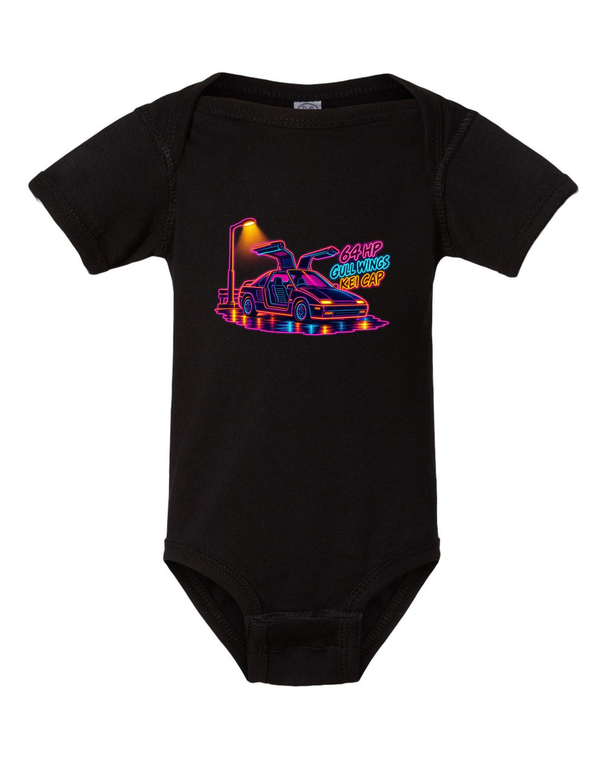 Neon synthwave line art print of an Autozam AZ-1 PG6SA with 64 HP gull wings kei cap lettering black baby onesie front view with the design
