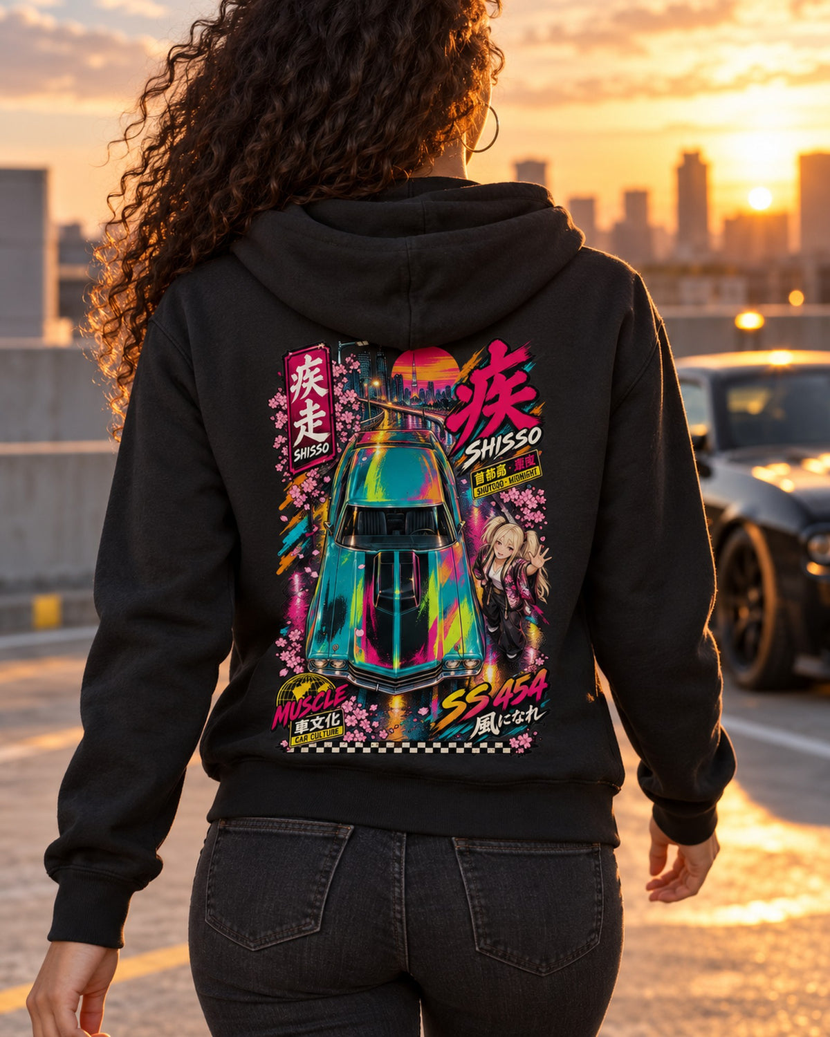 SHISSO SS 454 Anime Girl Full-Back Graphic Tee Zip Hoodie Black worn hero