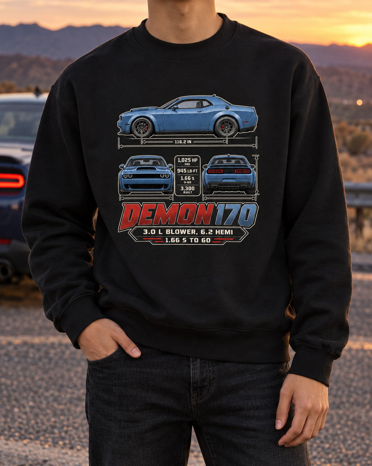 Dodge Challenger SRT Demon 170 Dimension Blueprint Shirt Crewneck Black worn hero