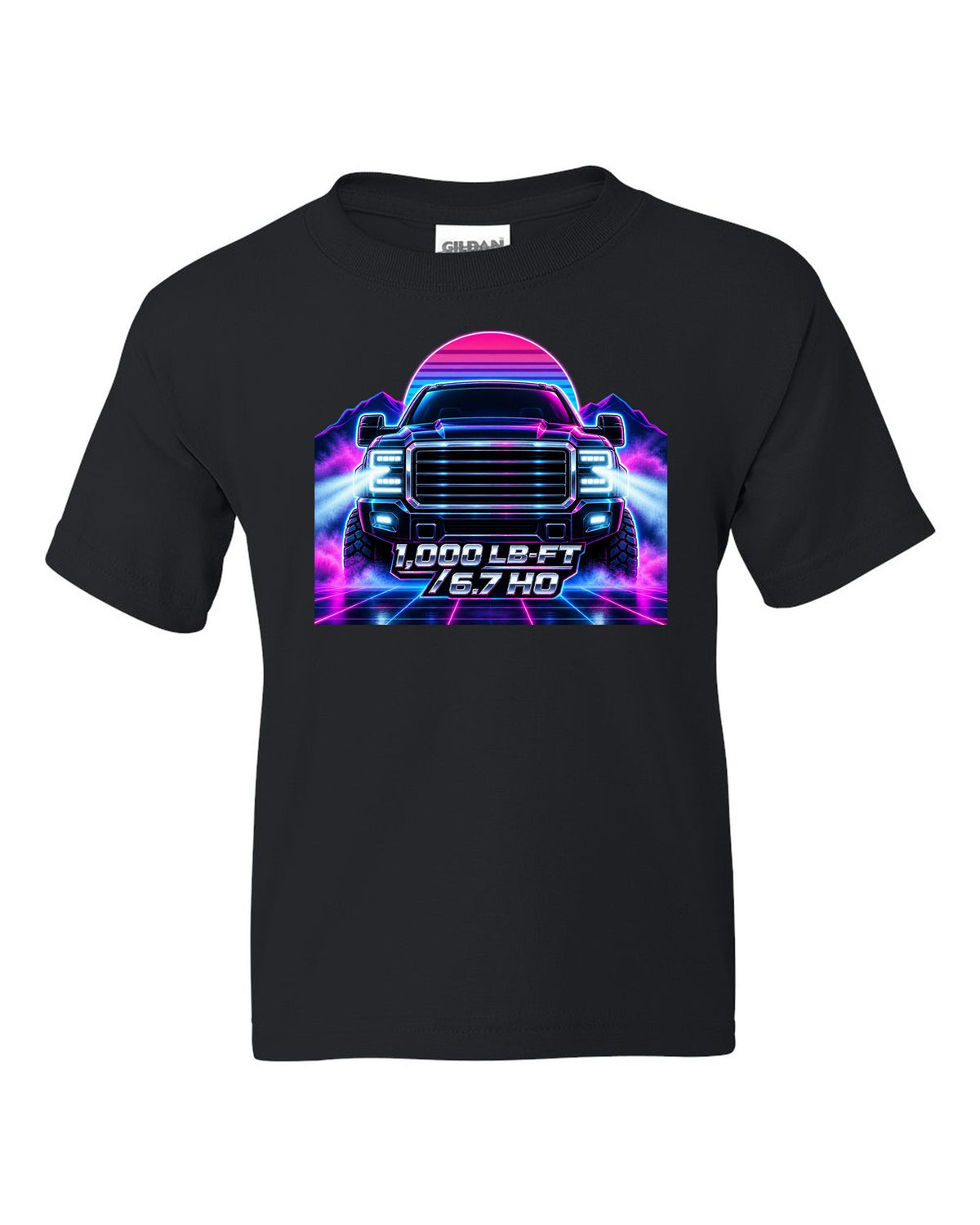 Neon synthwave grid print of a 2019-2024 Ram HD 2500 6.7 Cummins HO black kids tee front view with the design