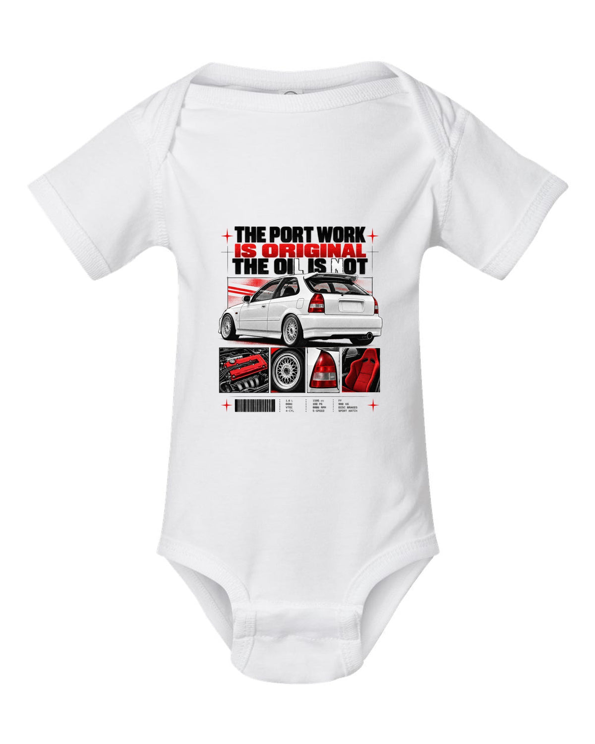 Dossier panel print of a 1998 Honda Civic EK9 chback with port work text white baby onesie front view with the design