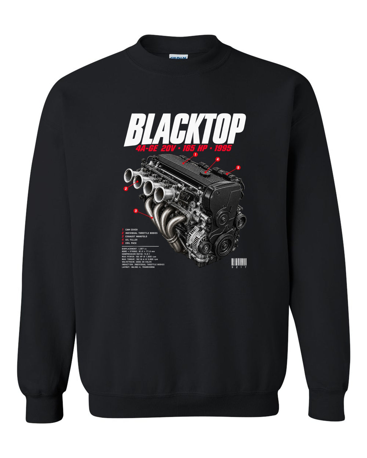 Engine bay hero print of the blacktop 4A-GE 20V in a Toyota Corolla Levin AE111 black crewneck front view with the design