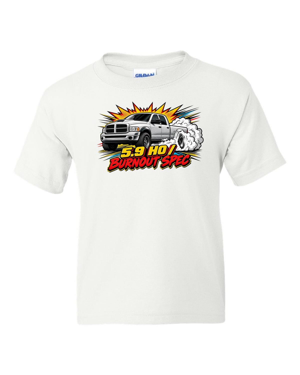Comic halftone pop-art of a 2003-2009 Dodge Ram 3rd gen 5.9 HO with the words Burnout Spec white kids tee front view with the design