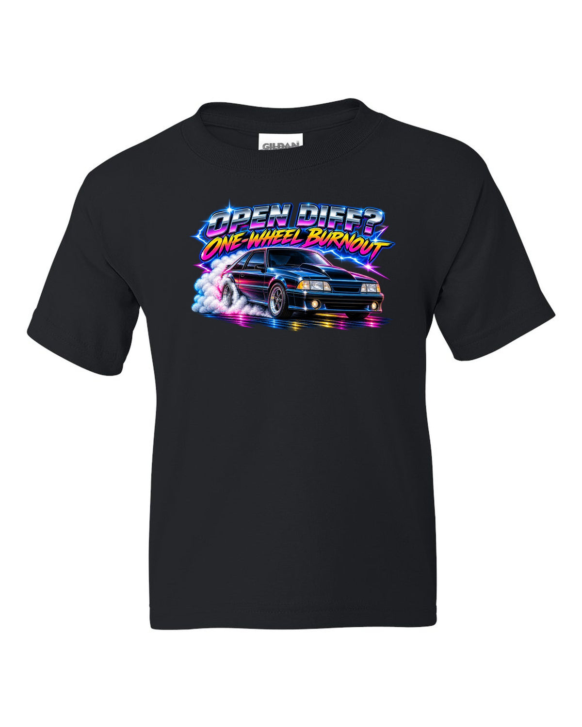 80s airbrush chrome print of a Ford Mustang Fox Body GT chback with a one-wheel burnout black kids tee front view with the design