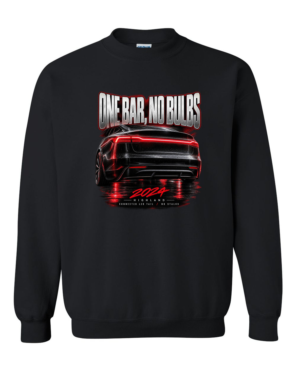 Taillight macro print of a 2024 Tesla Model 3 Highland connected LED tail black crewneck front view with the design