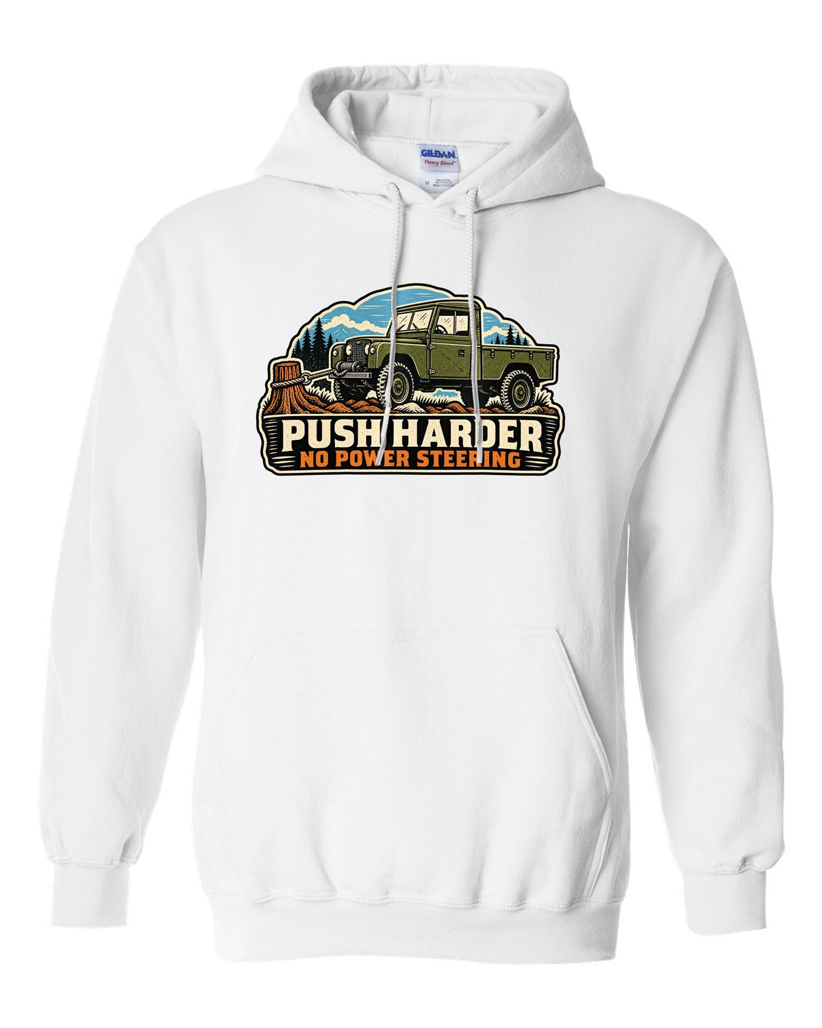 Linocut print of a Dodge Power Wagon WM300 flat fender winching with no power steering text white pull over hoodie front view with the design