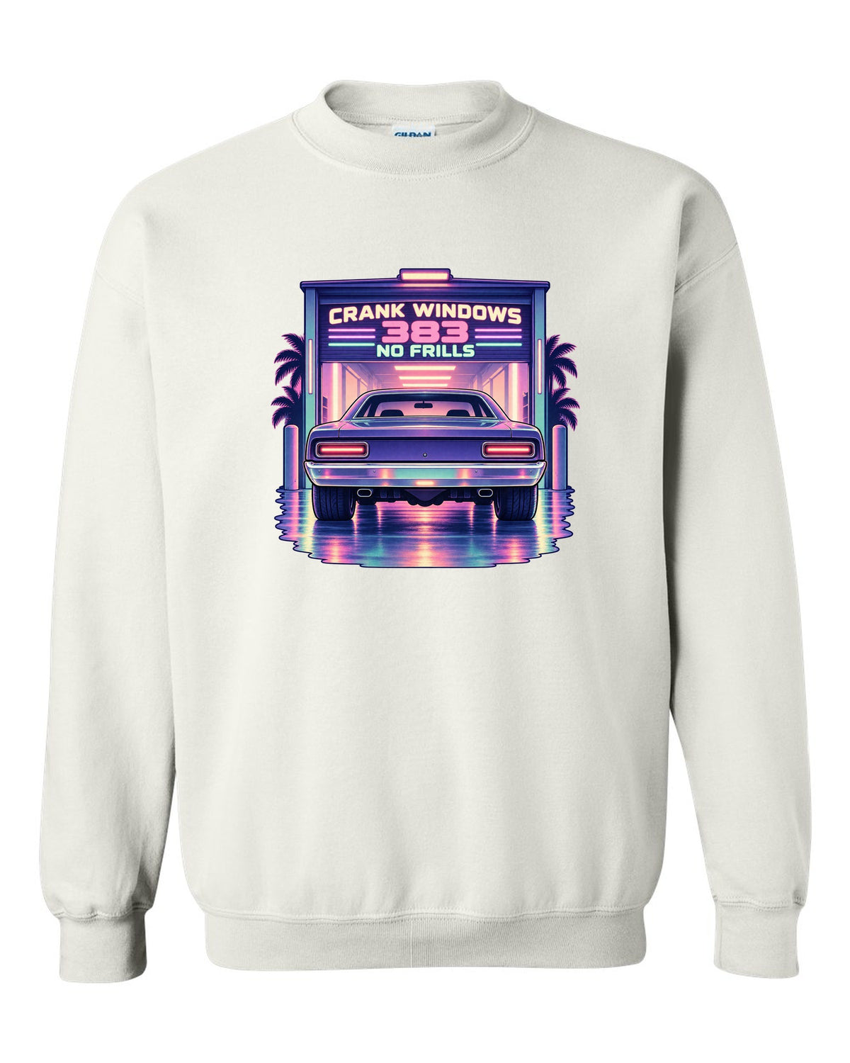 Vaporwave pastel night garage with a 1970 Plymouth Road Runner and 383 no frills lettering white crewneck front view with the design
