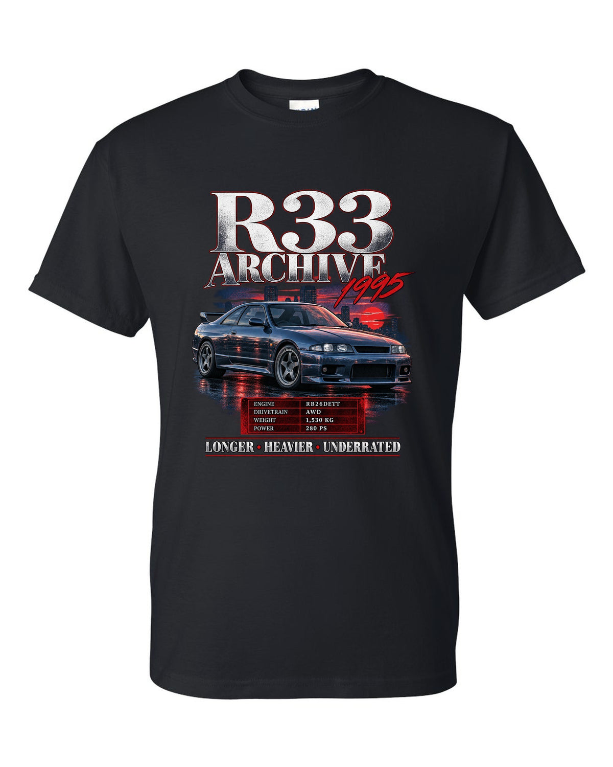 Archive panel print of a Nissan Skyline GT-R R33 BCNR33 with spec lettering black t-shirt front view with the design