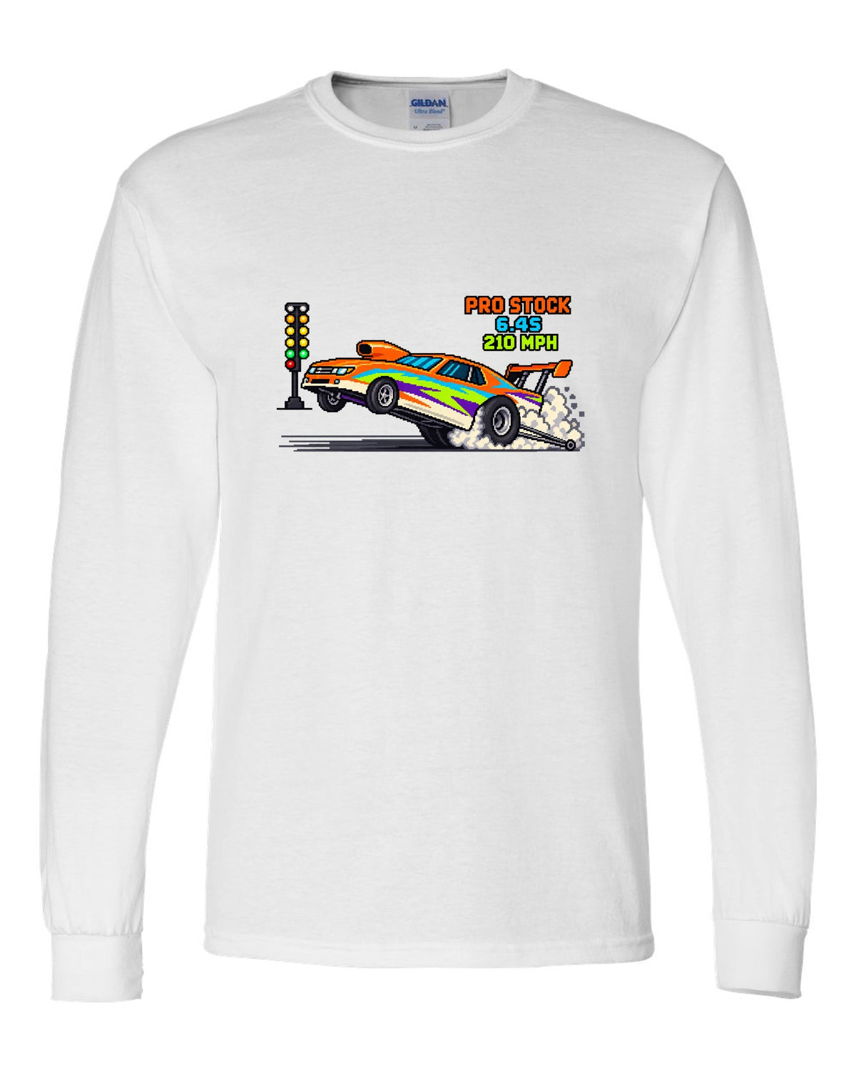 8-bit pixel art Pro Stock drag car launching with 6.4S 210 MPH lettering white long sleeve front view with the design