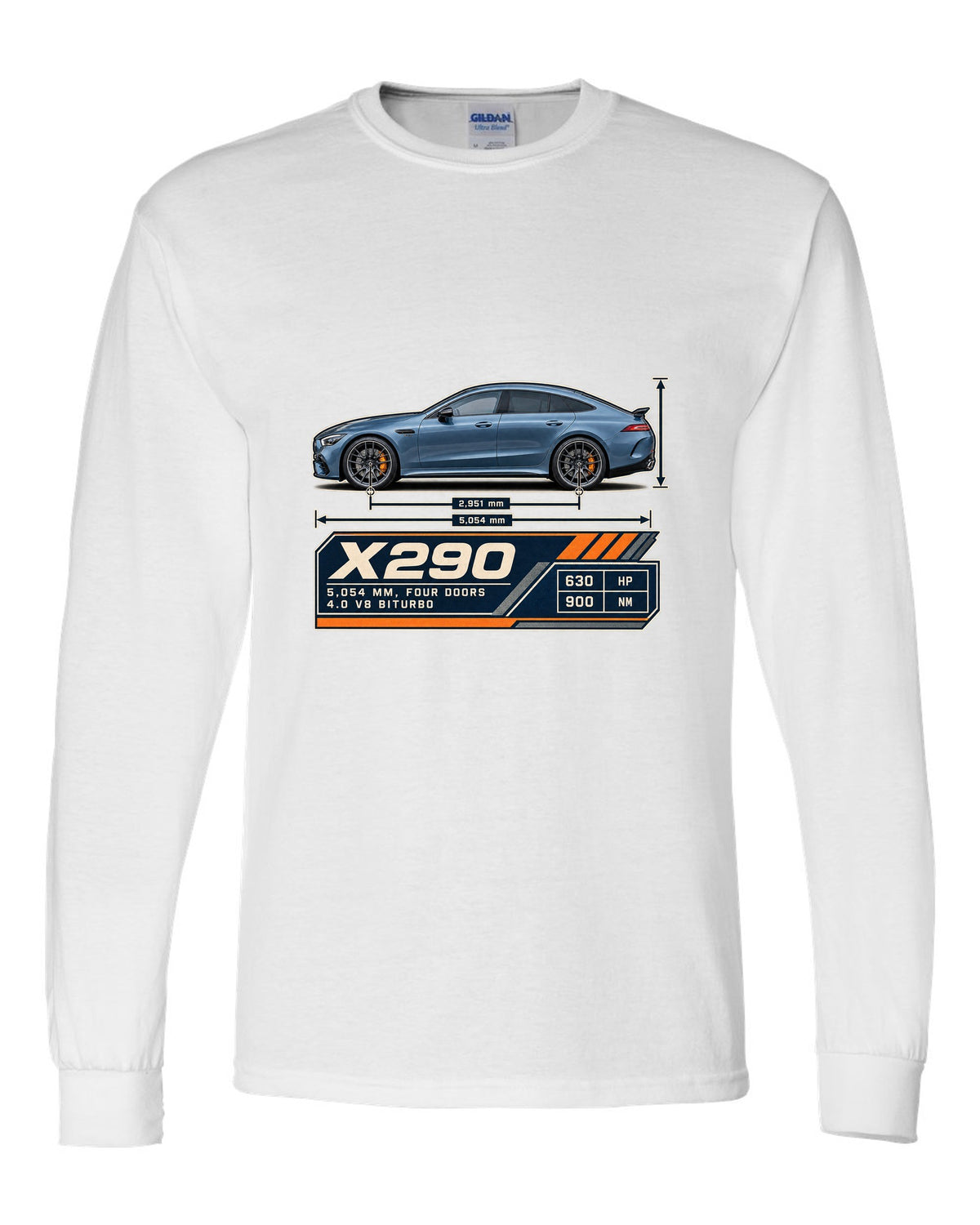 Mercedes-AMG GT 63 S 4-Door X290 steel blue blueprint print white long sleeve front view with the design