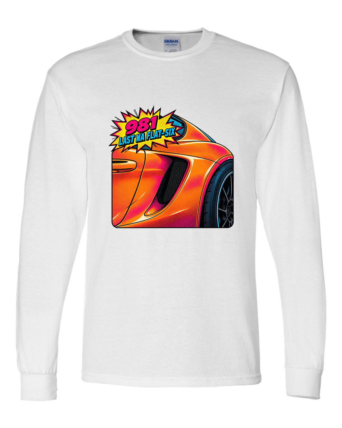 Pop-art halftone print of a Porsche 981 Cayman GTS intake with the text 981, last NA flat-six white long sleeve front view with the design