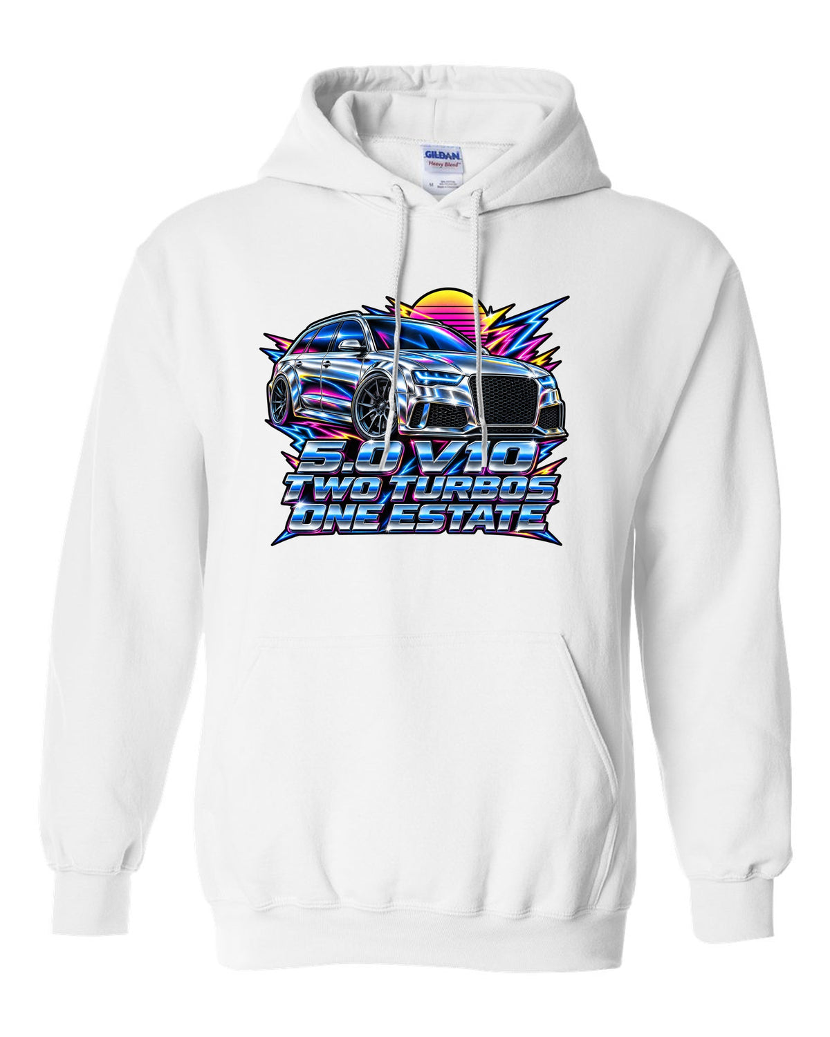 80s airbrush chrome design of the Audi RS6 Avant C6 4F with 5.0 V10 two turbos one estate lettering white pull over hoodie front view with the design