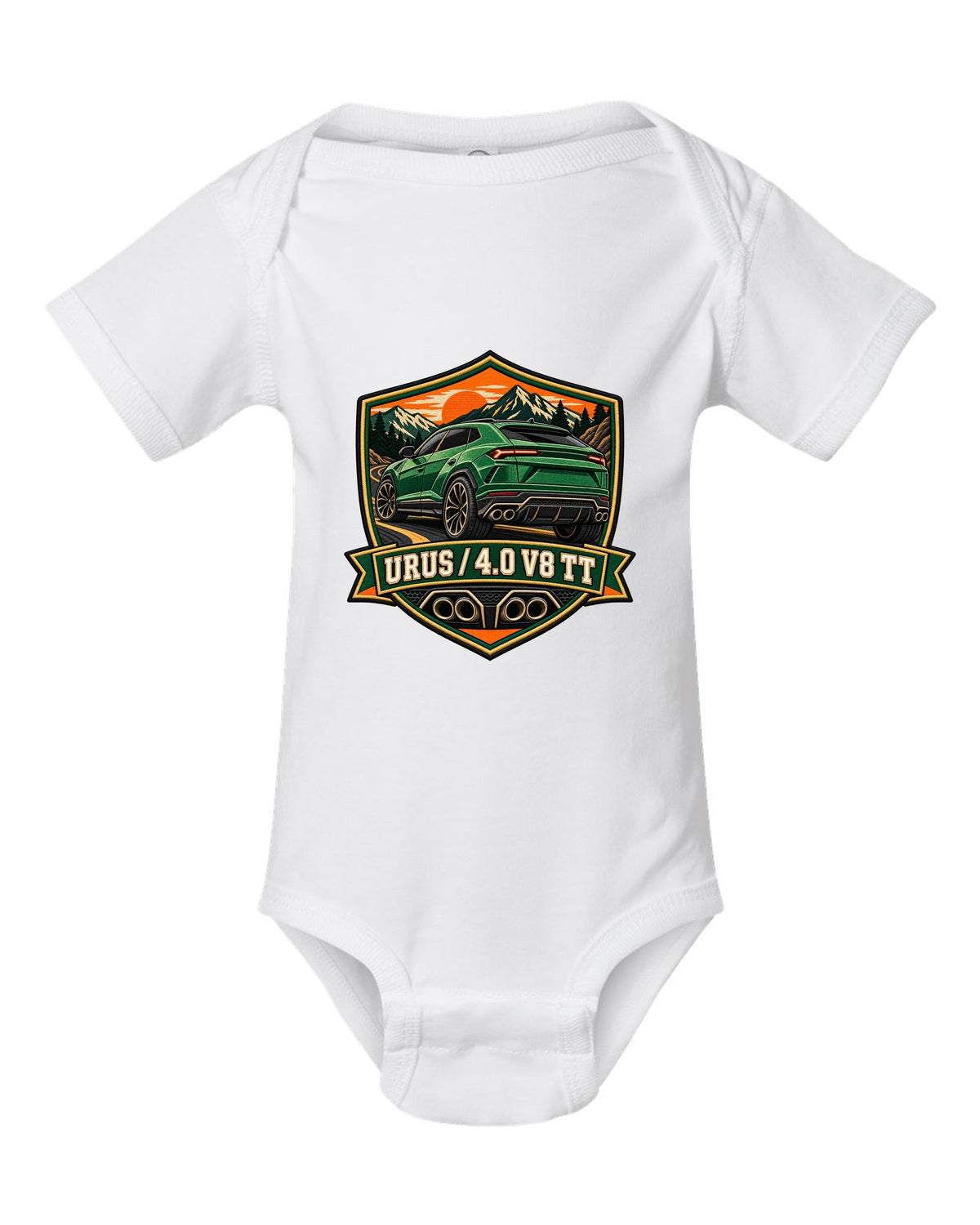 Embroidery-style shield crest of a Lamborghini Urus with 4.0 V8 TT text white baby onesie front view with the design