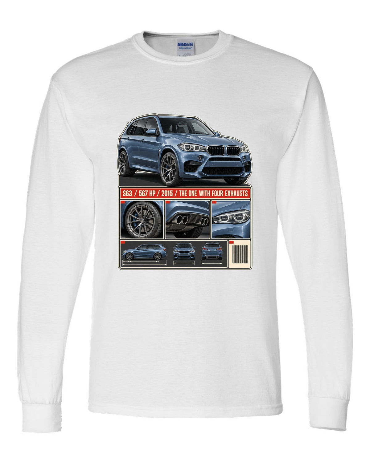 BMW X5 M F85 dossier panels print on a tee white long sleeve front view with the design