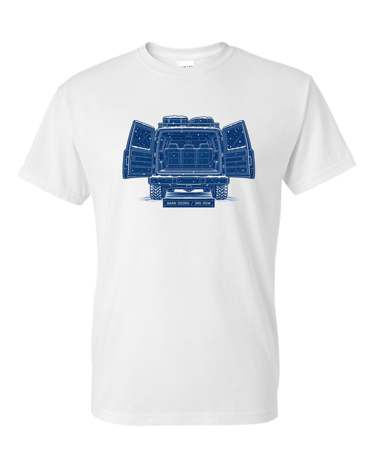 Cyanotype blueprint print of a 1992-1999 Chevrolet Suburban GMT400 with Barn Doors and 3rd Row text white t-shirt front view with the design