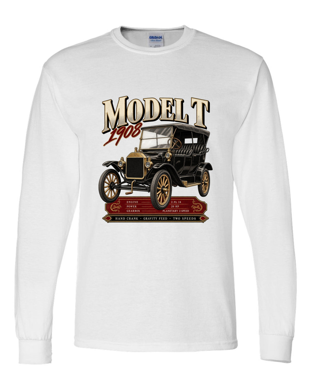 Archive panel print of a Ford Model T touring car with engine specs white long sleeve front view with the design