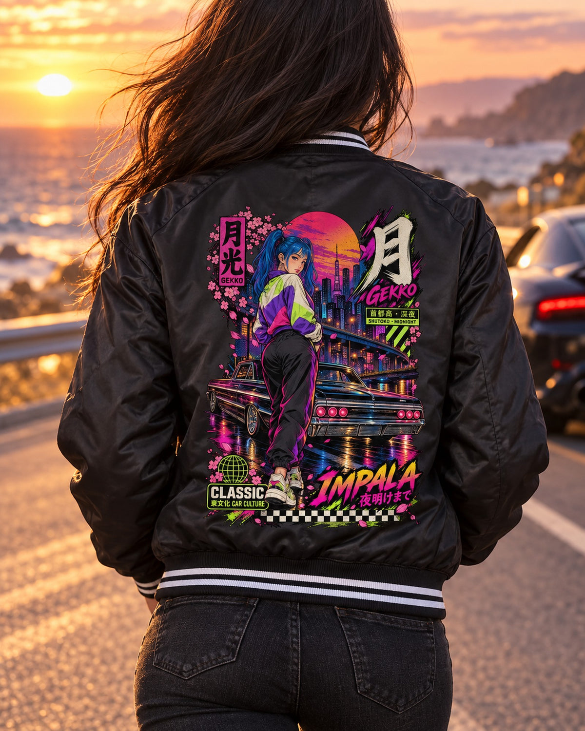 GEKKO IMPALA Anime Girl Full-Back Graphic Tee Bomber Jacket Black worn hero