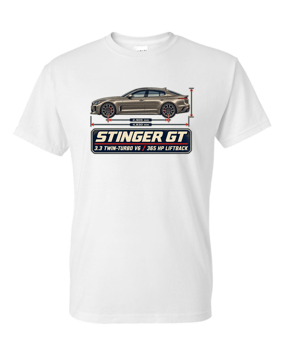 Kia Stinger GT dimension blueprint print on a shirt white t-shirt front view with the design