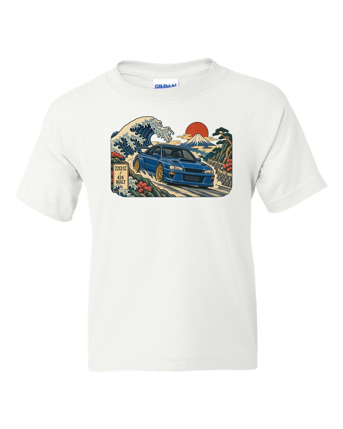 Ukiyo-e woodblock style Subaru Impreza 22B STI in front of a wave white kids tee front view with the design