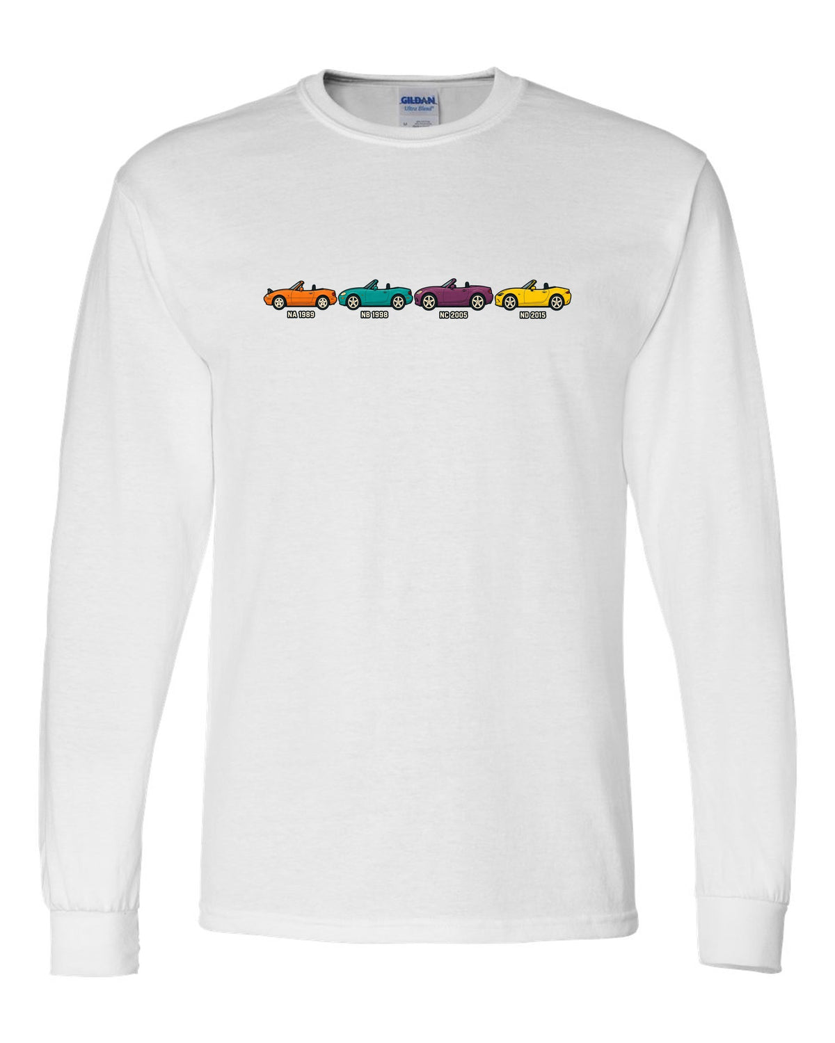 Ukiyo-e woodblock print of a Mazda MX-5 NA roadster taking a hairpin corner white long sleeve front view with the design