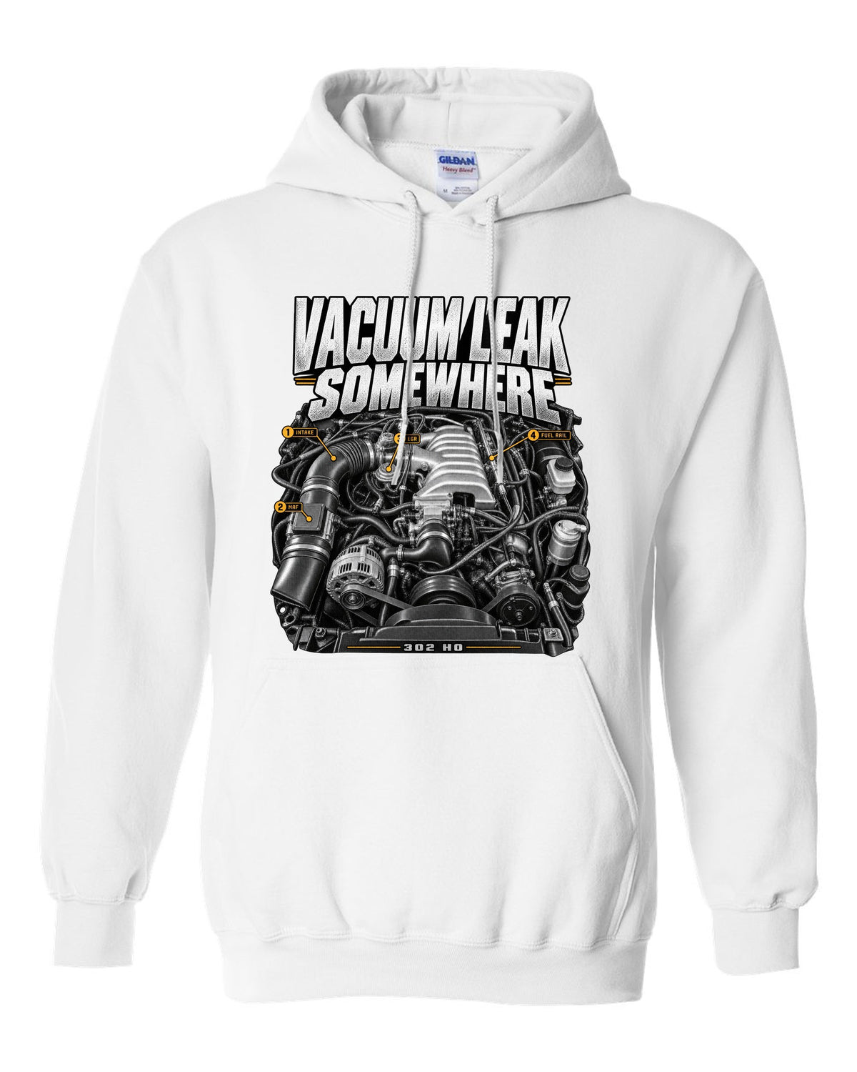 print of a Ford Mustang Fox Body 5.0 302 HO engine bay, 1987-93 white pull over hoodie front view with the design