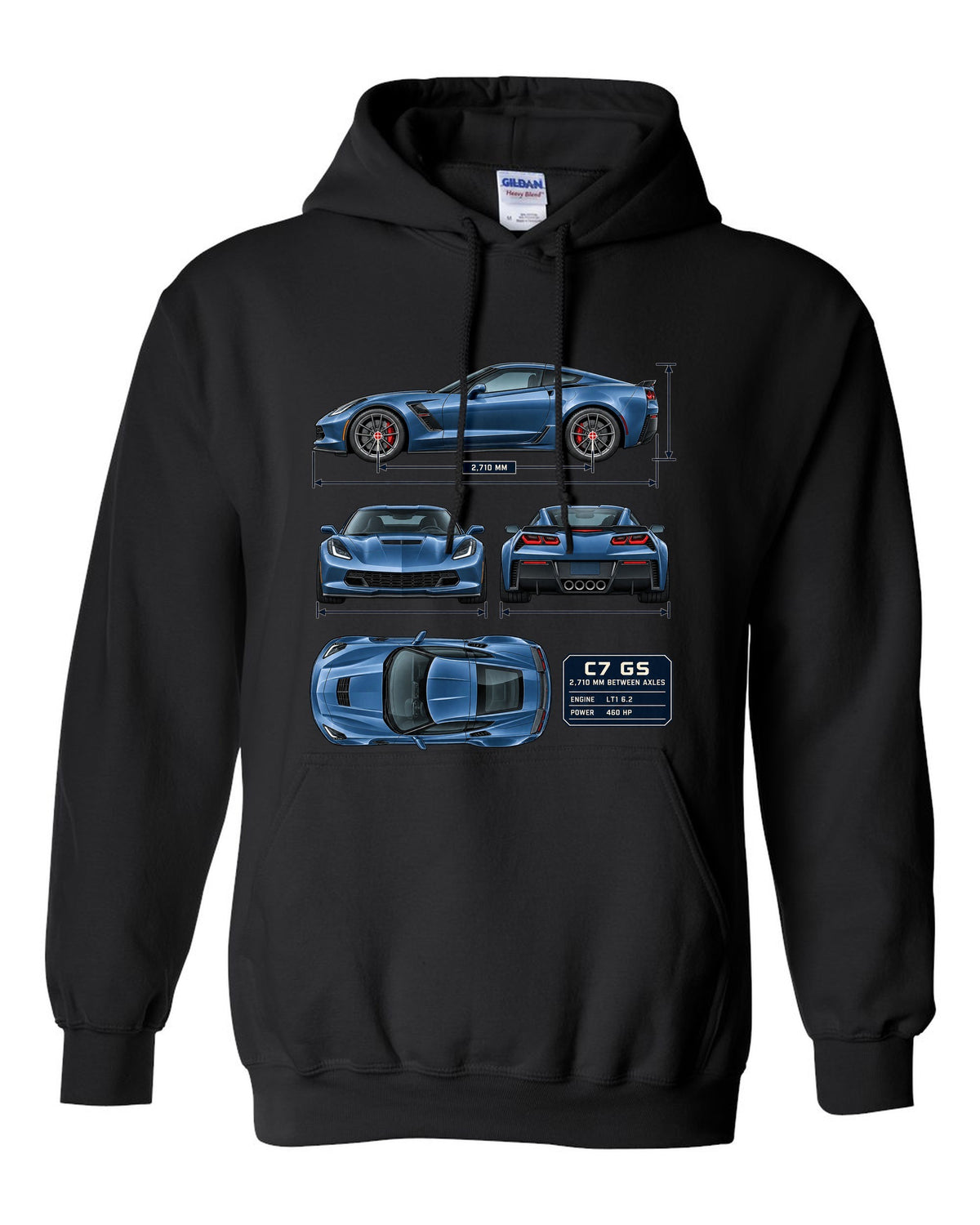 print of a Chevrolet Corvette C7 Grand Sport dimension blueprint with 2,710 mm wheelbase black pull over hoodie front view with the design