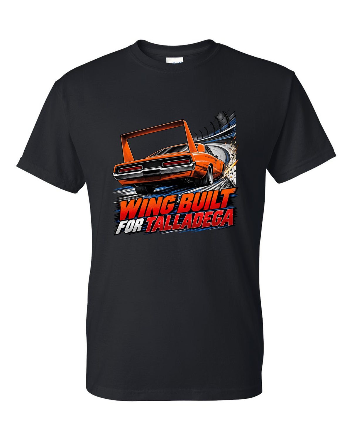 Retro manga halftone panel of a 1969 Dodge Charger Daytona with wing speed lines and Talladega text black t-shirt front view with the design