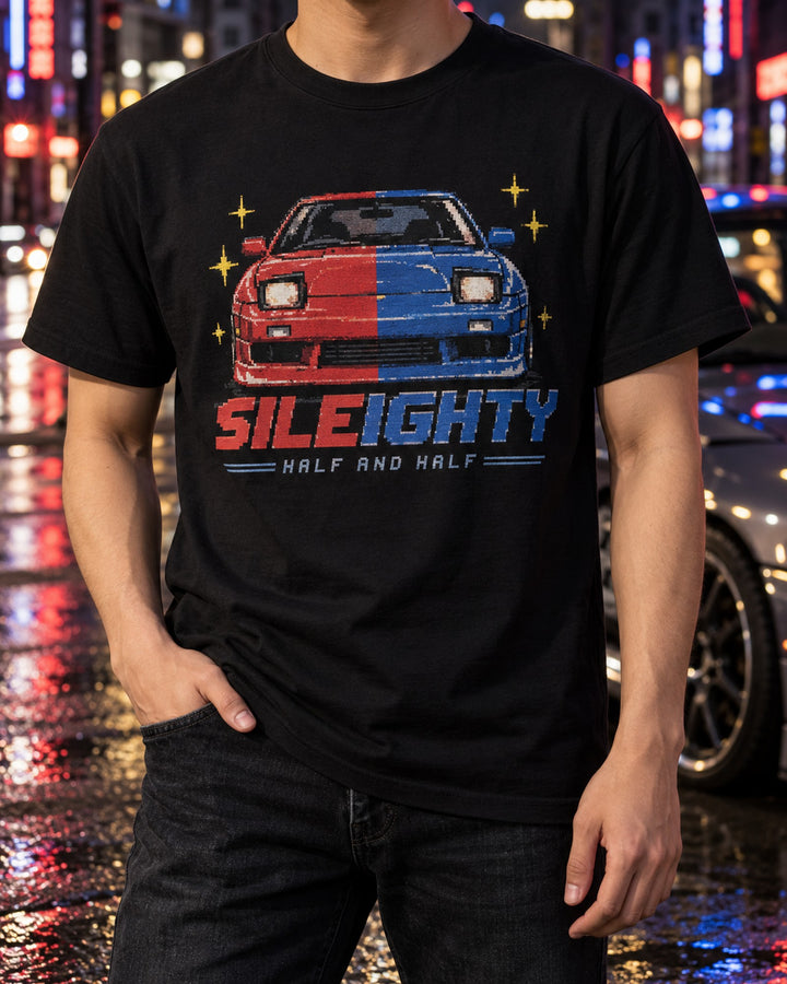 Sileighty 180SX and Silvia S13 16-Bit Pixel Art Shirt T-Shirt Black worn hero
