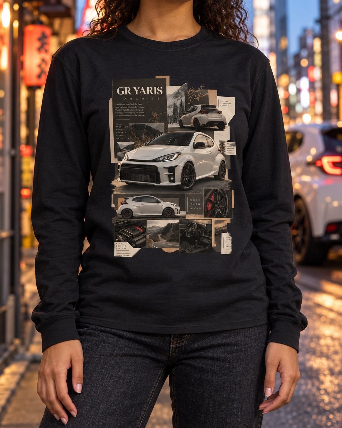 Toyota GR Yaris XP210 Three-View Spec Sheet Shirt, 2020-2024 Long Sleeve Black worn hero