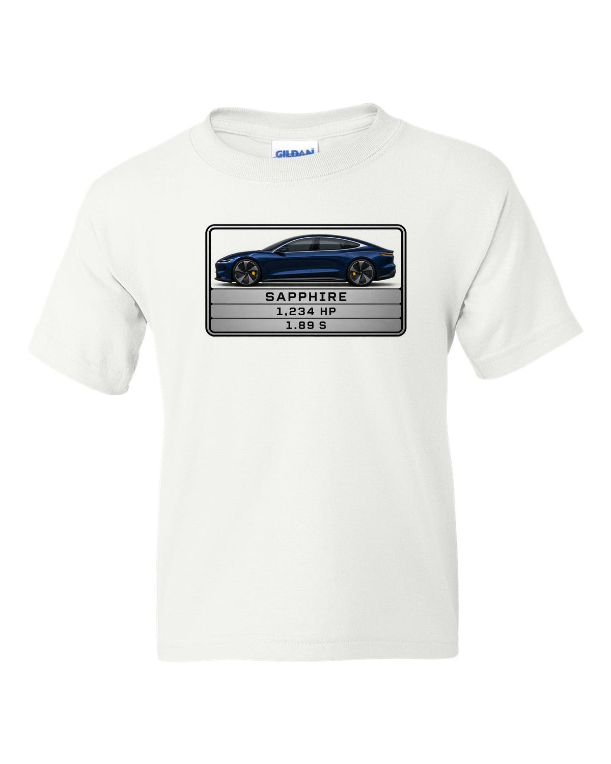 Lucid Air Sapphire monospaced spec data plate print with the text Sapphire 1,234 hp 1.89 s white kids tee front view with the design