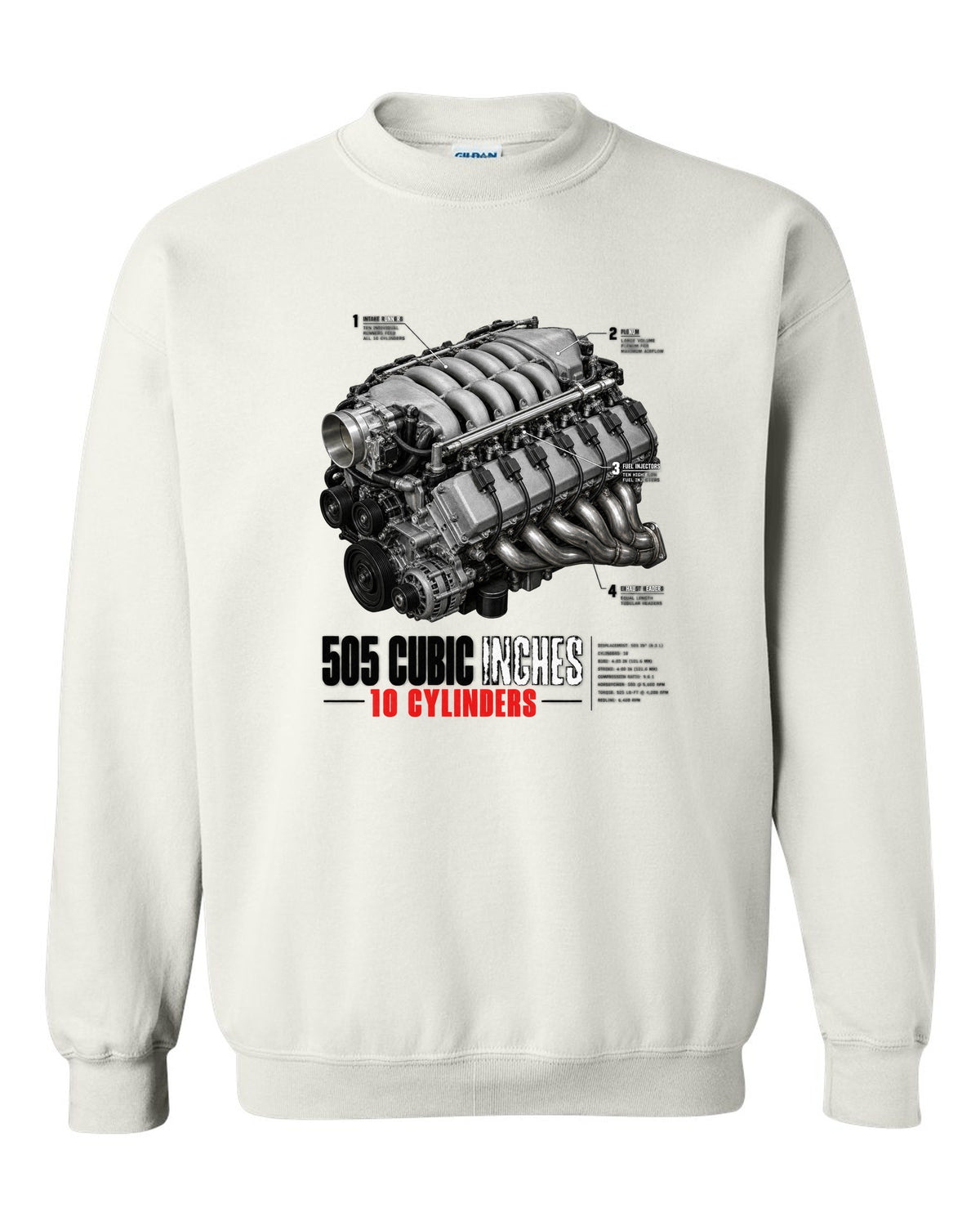Dodge Viper SRT-10 ZB I 8.3L V10 engine hero print with 505 cubic inches lettering white crewneck front view with the design