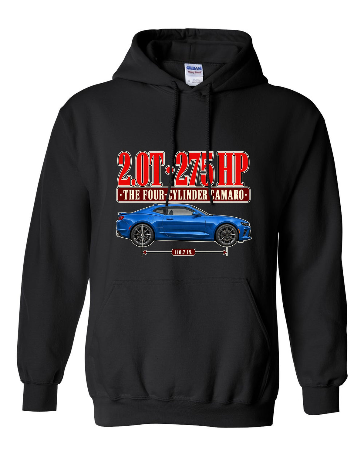 Editorial headline print for a Chevrolet Camaro 2.0T Turbo 1LE black pull over hoodie front view with the design