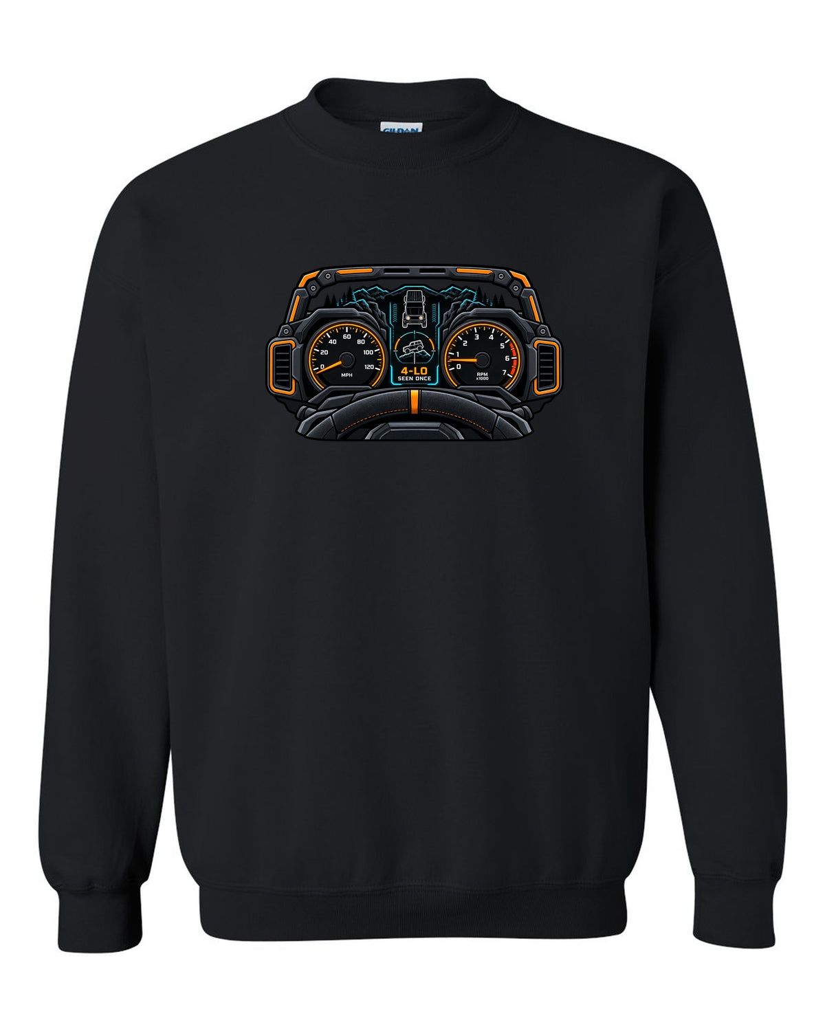 Ford Bronco 6G U725 gauge cluster HUD print black crewneck front view with the design
