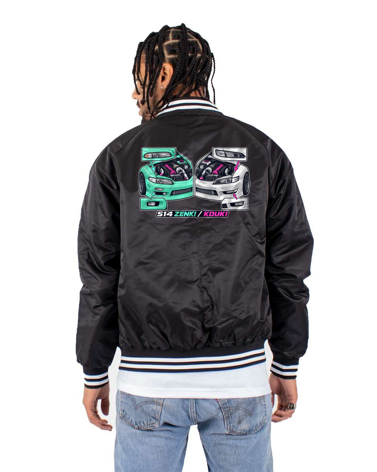 Silvia S14 Zenki vs Kouki Isometric Cutaway Car Guy Tee Bomber Jacket Black back