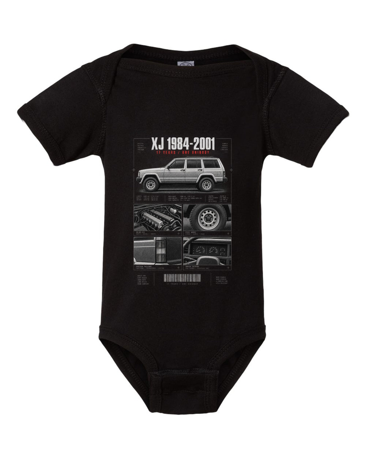 Jeep Cherokee XJ dossier panel print marking 1984 to 2001 black baby onesie front view with the design