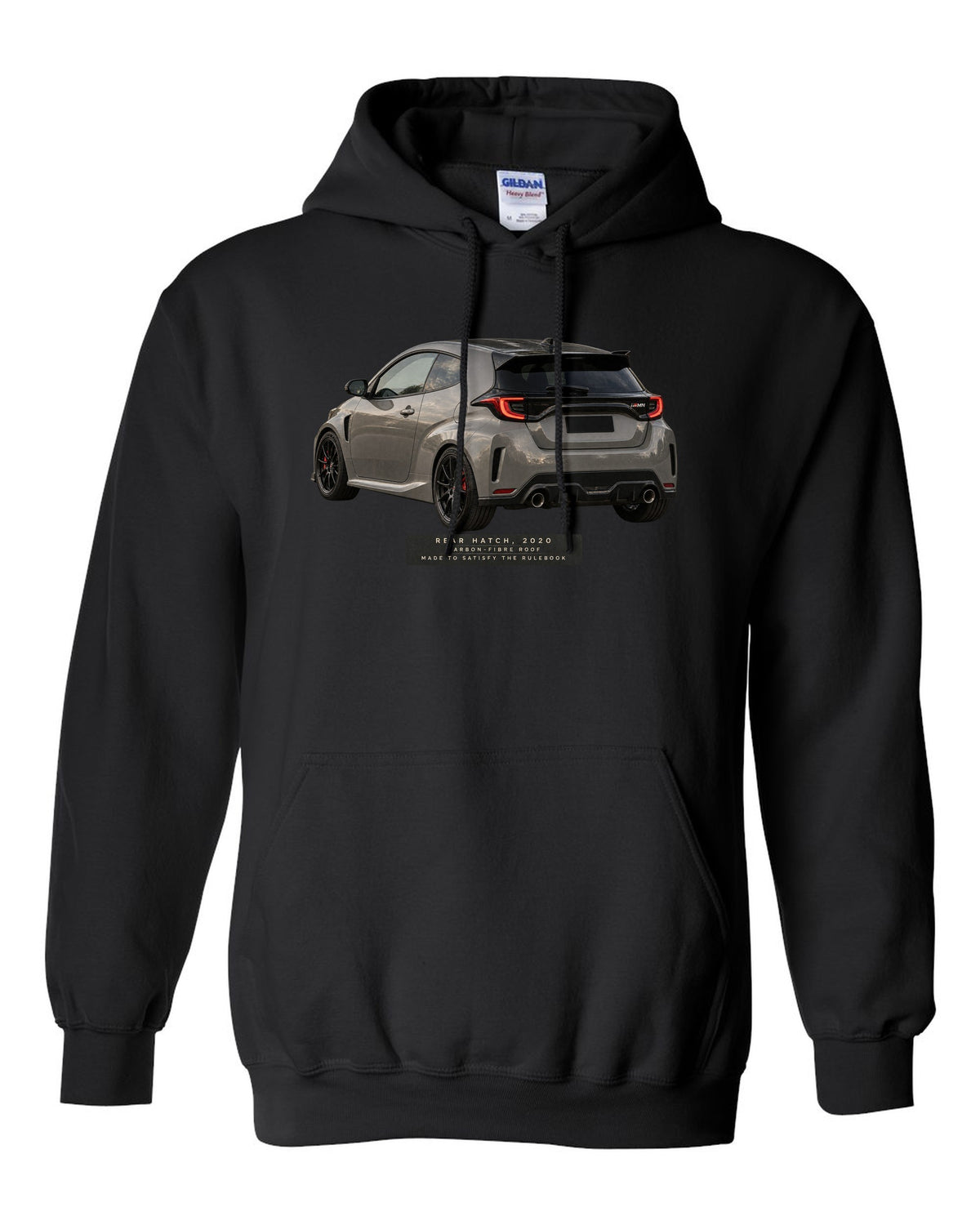 Close-up of a Toyota GR Yaris 2020 rear tailgate and taillight black pull over hoodie front view with the design