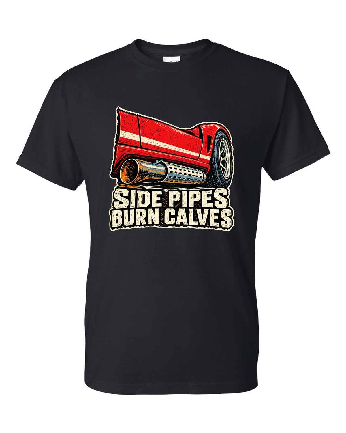 Dodge Viper RT/10 Side Pipe Linocut black t-shirt front view with the design